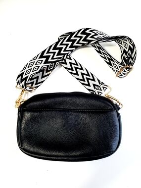 Black Leather Crossbody Bag with Patterned Strap